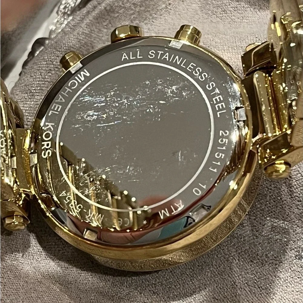 Michael Kors jeweled gold colored‎ watch with box, bag, pillow needs batteries